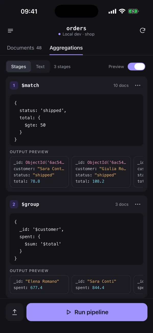 Aggregation pipeline builder with $match and $group stages and output previews