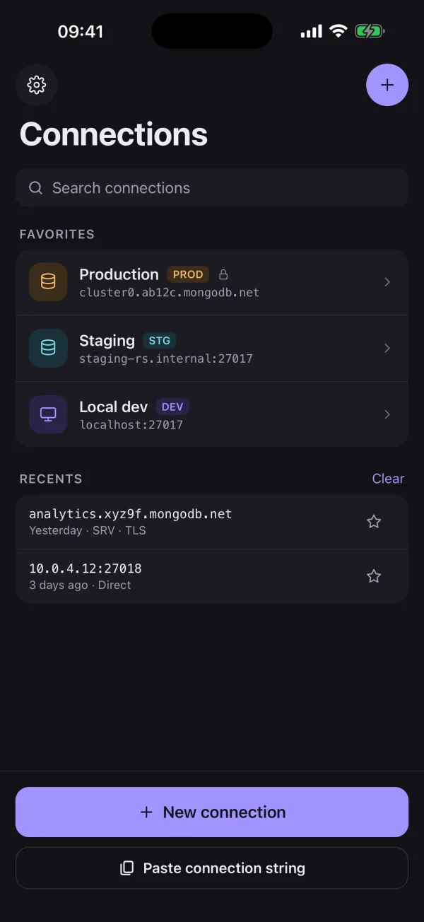 Connections screen with production, staging and local connections