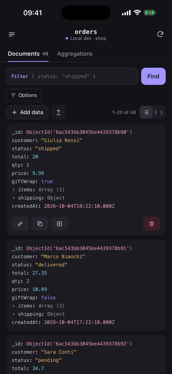 Bussola documents tab showing shipped orders filtered with a shell-syntax query