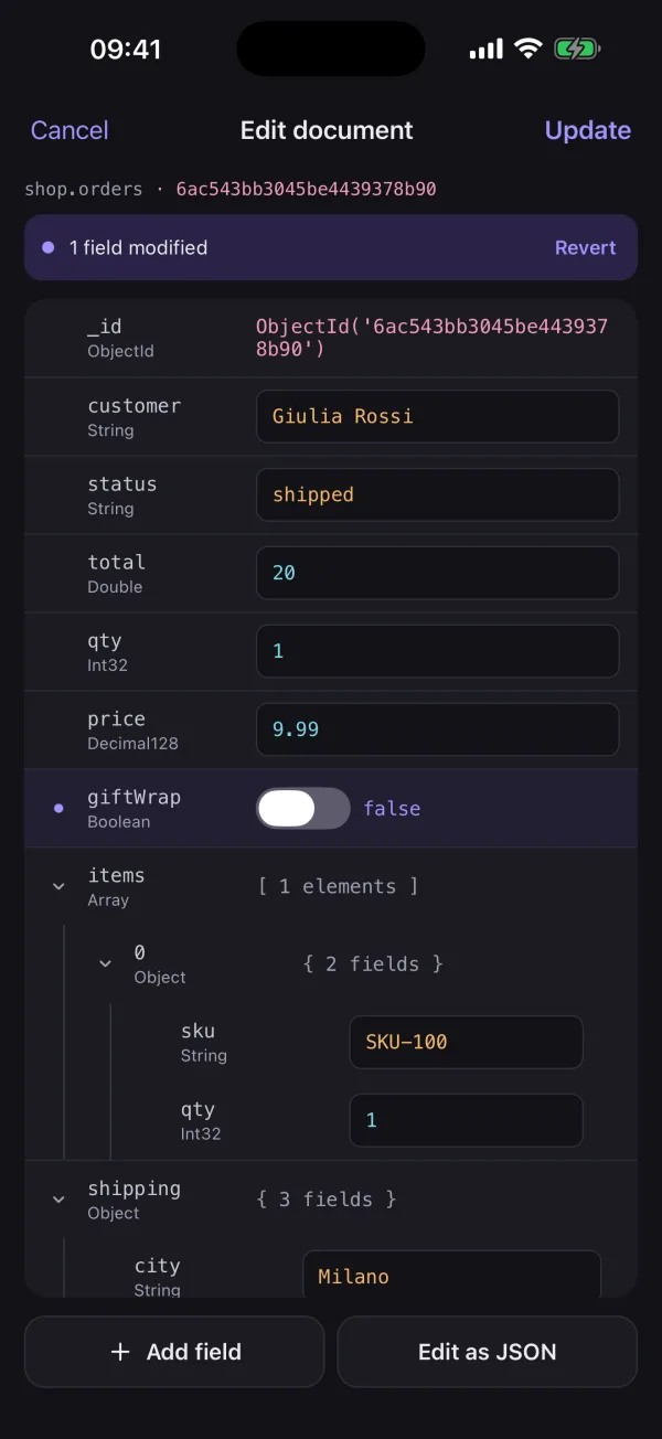 Document editor with typed fields and a "1 field modified" banner